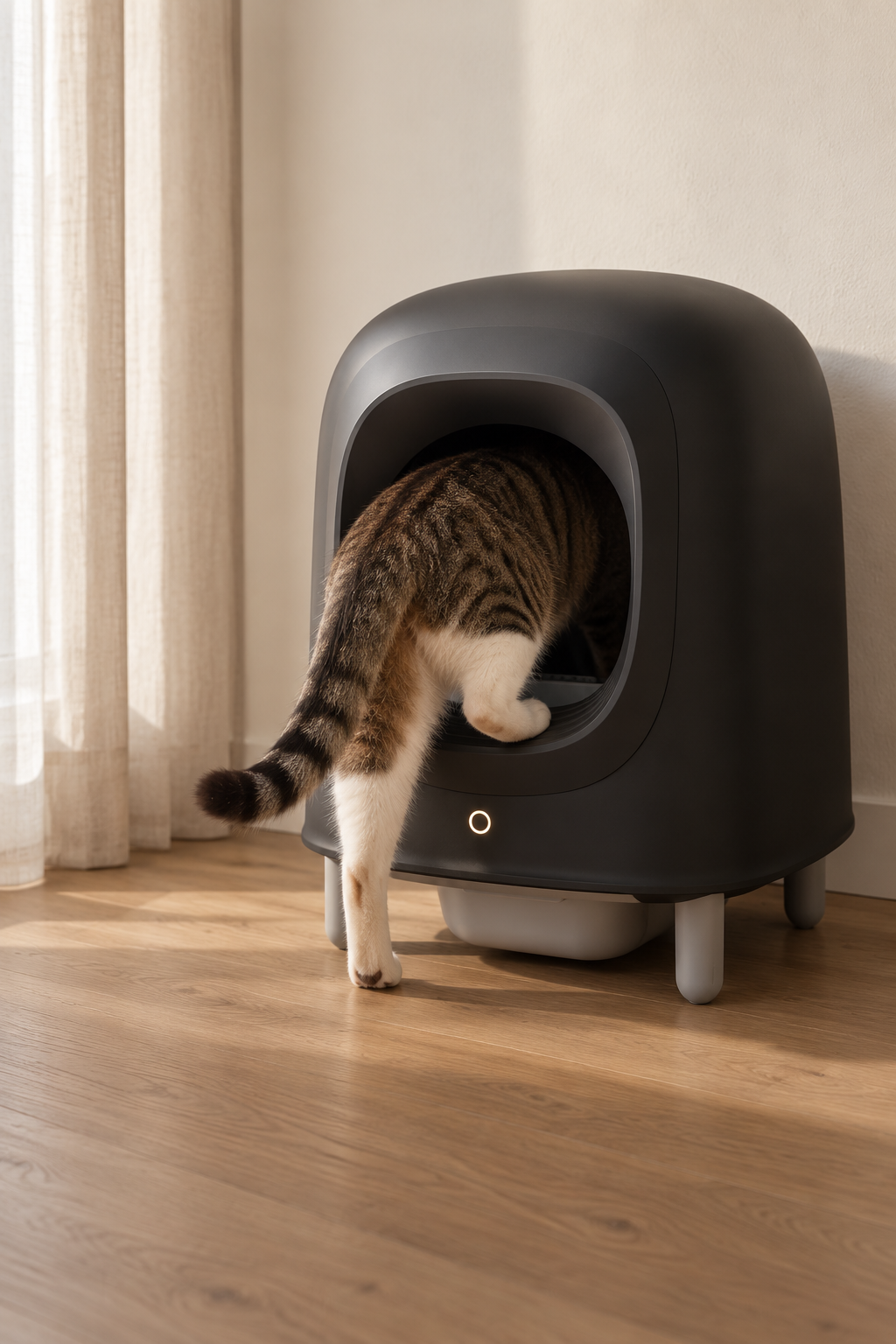 Kat stapt in; gewichtssensor activeert.